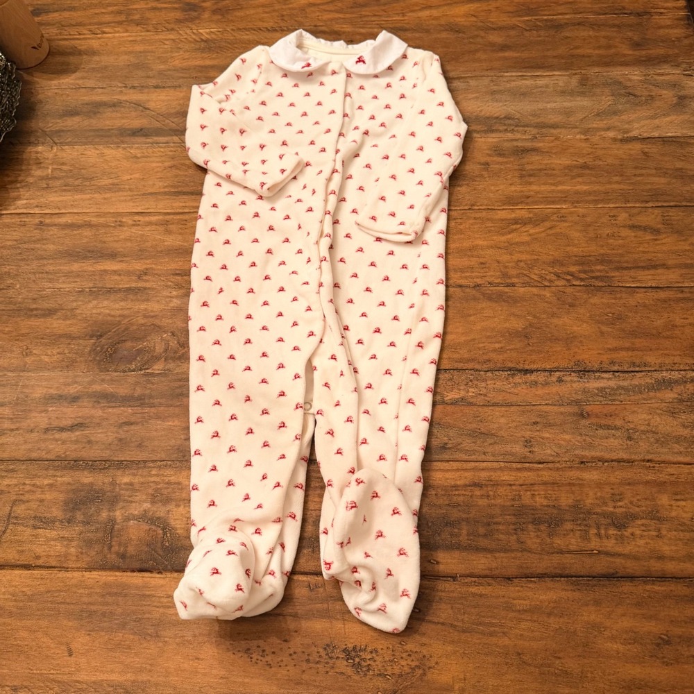 Ralph Lauren Baby 9M Reindeer Velour‎ Footed Sleeper Cream Red Peter Pan Collar